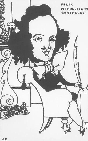 Caricature of Felix Mendelssohn (1809-47), late 19th century (litho) (b  /  w photo)