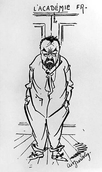 Caricature of French novelist Emile Zola (1840-1902) outside the Academie Francaise (drawing)