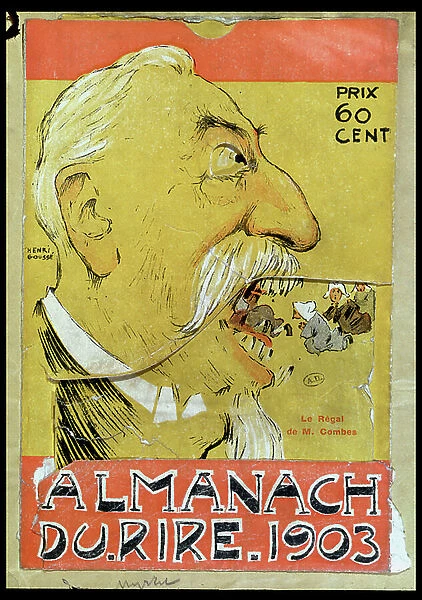Caricature of Justin-Louis-Emile Combes (1835-1921) eating the clerics, cover of l'Almanach du Rire, 1903 (colour litho)