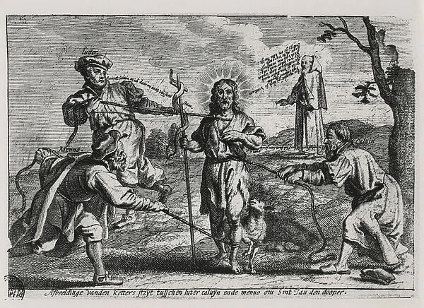 Caricature of Luther, Calvin and Menno Simons disputing Christ and his teaching