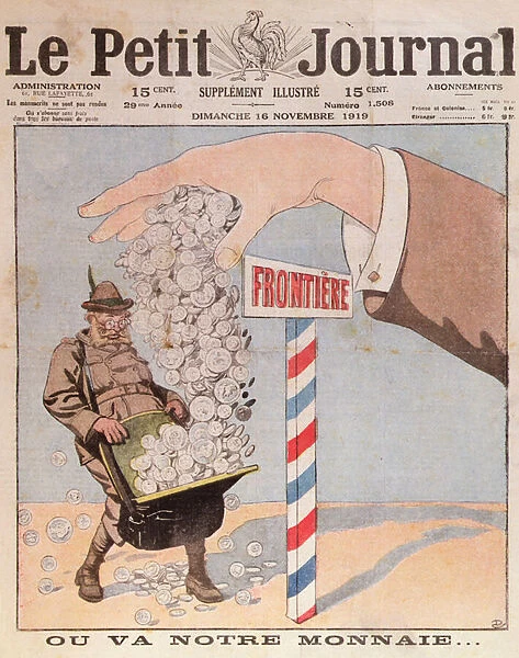 Caricature referring to French economic difficulties and anxieties after the 1st World War, cover of Le Petit Journal, 16th November 1919 (colour litho)