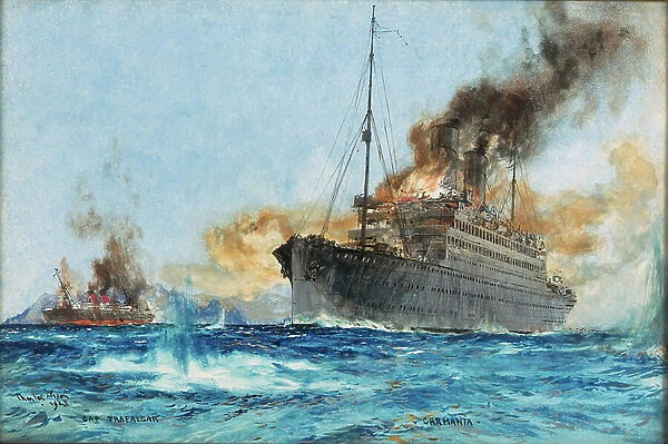 Carmania sinking Cap Trafalgar off Trinidade in the South Atlantic, 14 September 1914, 1923 (paper, watercolour)