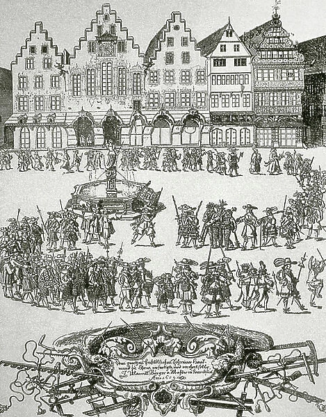 Carnival parade of apprentice carpenters in Frankfurt on Main in 1659 (engraving)