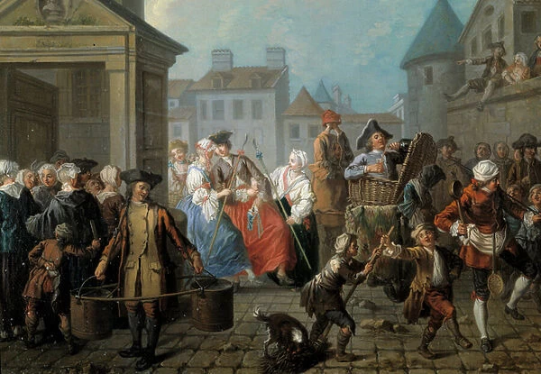Carnival in the streets of Paris Detail. Painting by Etienne Jeaurat (1699-1789) 1757