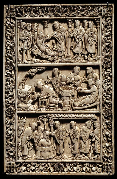 Carolingian Art: miracle of the Holy Bulb, ivory diptych depicting at the top