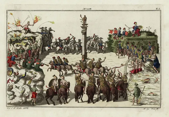 Framed Print : A carousel parade among teams of knights representing the four elements fire, wind, earth and water. Part of the celebration of the birth of Freiderich, Duke of Wurttemberg, 1616