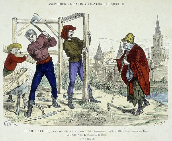 Carpenters companions of duty and beggar, on a construction site in the 15th century