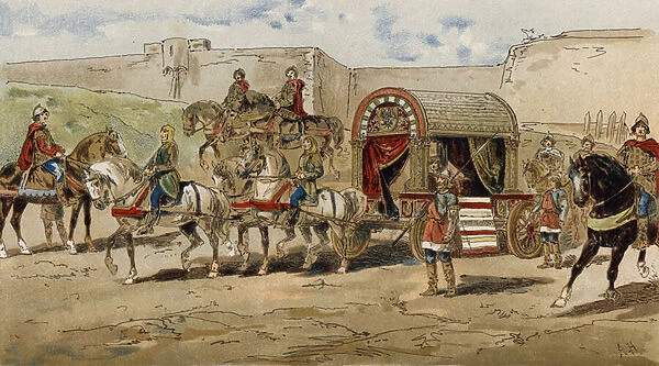 Carriage of a Frankish prince of the time of Charlemagne, 9th Century (colour litho)