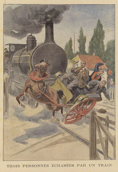 A carriage struck by a train (colour litho)
