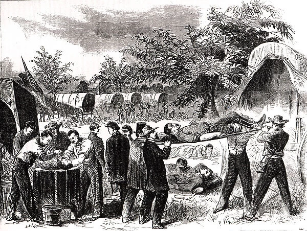 Carrying off the Wounded after the battle of Antietam in 1862 (engraving) (b  /  w photo)