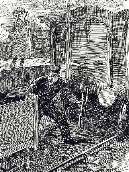 A cartoon commenting on railway worker's accidents. Illustrated by Leonard Raven-Hill (1867-1942) an English artist, illustrator and cartoonist, 20th century