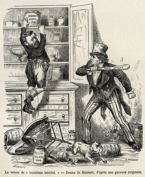 Cartoon depicting American president Ulysses Grant (1822-1885), climbing on the shelves of Uncle Sams officine to derober a jar of 'third term', spills a pot of habeas corpus (guarantee of personal freedom), caught on the fact