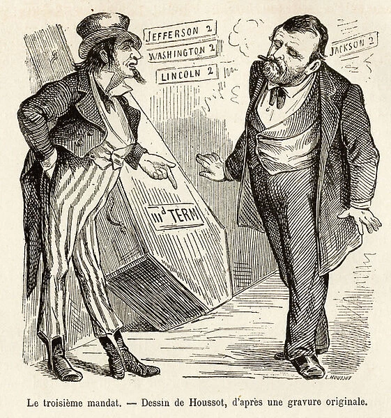 Cartoon depicting American President Ulysses Grant (1822-1885) and Uncle Sam at the White House, who brought him a beer standing against the wall bearing the inscription 'third term'
