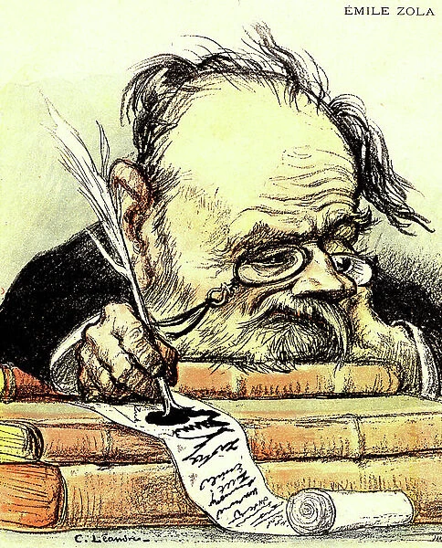 Cartoon by Emile Zola (1840-1902) writing, visibly lacking inspiration - Illustration by Charles Leandre in 'The Rire', 1897 - Private collection