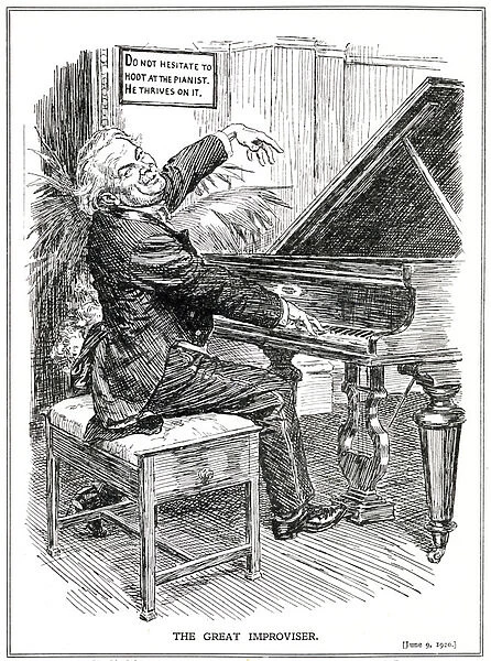 Cartoon lampooning LLoyd George as the Great Improviser or leader of the