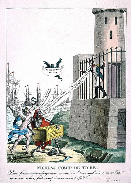 Cartoon against Napoleon I with personification of ambition and death, c. 1815