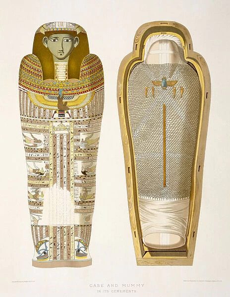 Case and mummy in its cerements from Giza, plate XXVI from Ancient Egypt by Samuel Augustus Binion, published 1887 (colour litho)