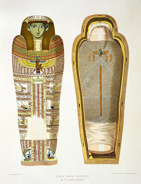 Case and mummy in its cerements from Gizeh, Volume II, plate XXVI from Ancient Egypt by Samuel Augustus Binion, published 1887 (tinted chromolitho)