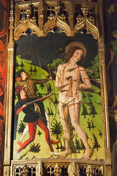 Detail of a Castilian School altarpiece showing St. Sebastian (oil on panel)