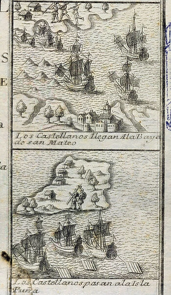 The Castilians arrive at the Bay of San Mateo and The Castilians pass the Island of Puna, 1726 (engraving)