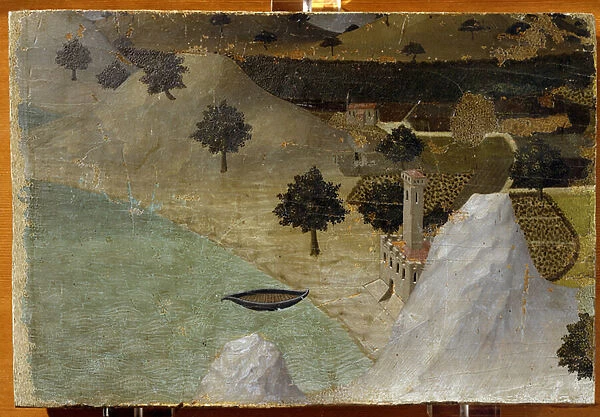 A Castle Standing by a Lake - tempera on panel, 14th century
