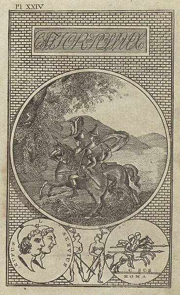 Castor and Pollux, twin brothers and demigods in ancient Greek and Roman mythology (engraving)
