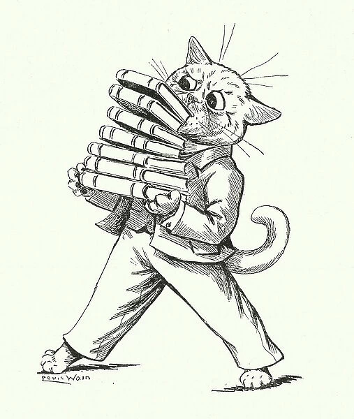 Cat holding a pile of books (litho)