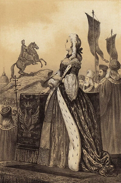 Catherine the Great of Russia at the inauguration of the equestrian statue of Peter the Great at St Petersburg, 1782 (litho)