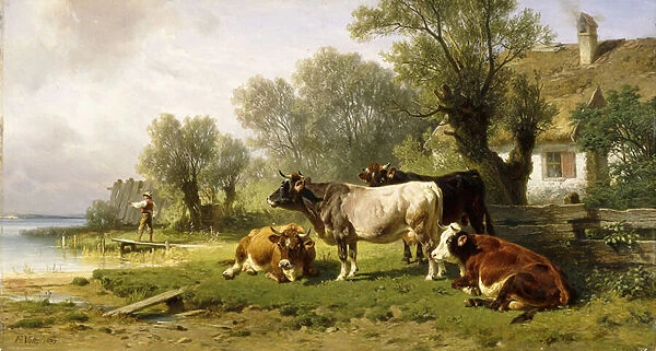 Cattle in a Farmyard along a River with a Fisherman beyond, 1881 (oil on panel)