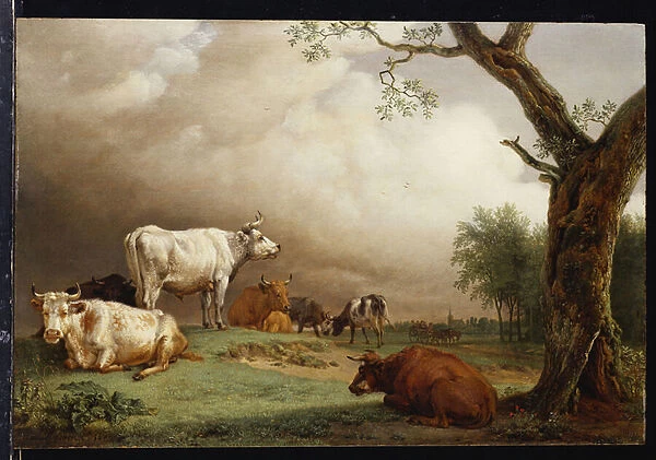 Cattle in a field, with travellers in a wagon on a track beyond