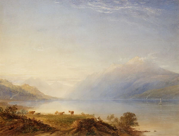 Cattle by a Lake with Mountains Beyond (w  /  c)