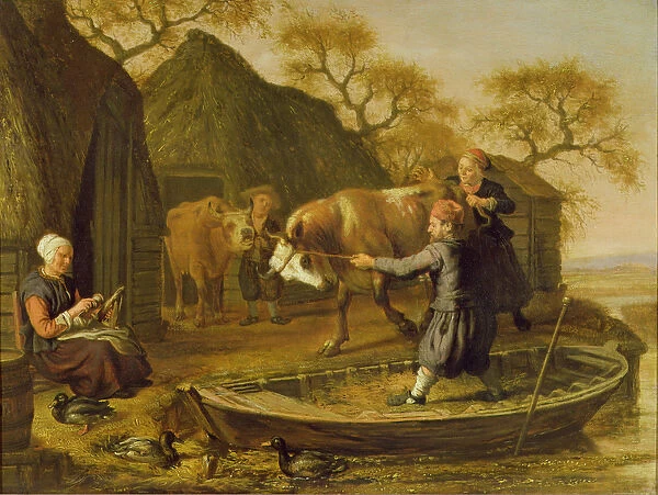 Cattle being Loaded into a Small Boat (oil on canvas)