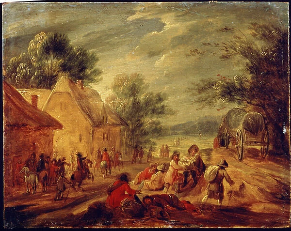 Cavaliers attaquant un hameau (Horsemen attacking a Hamlet). Peinture de Adam Frans van der Meulen (1632-1690). Huile sur bois. Art flamand, style baroque. Musee des Beaux Arts Pouchkine, Moscou