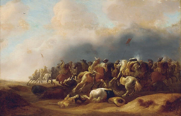 A cavalry engagement (oil on panel)