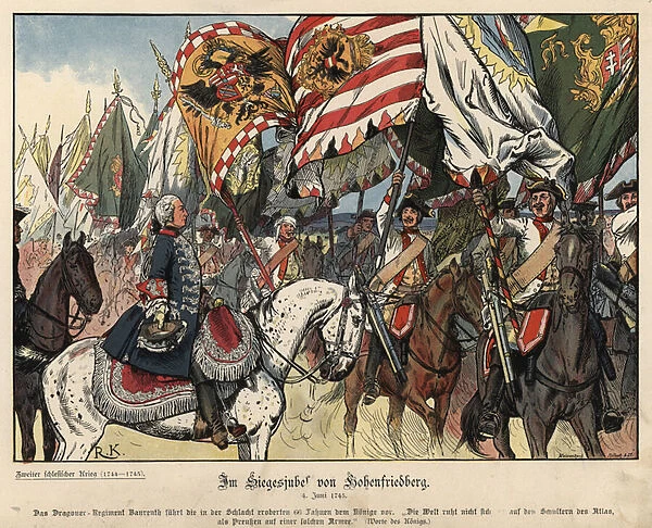 Celebrating the victory at the Battle of Hohenfriedeberg (colour litho)