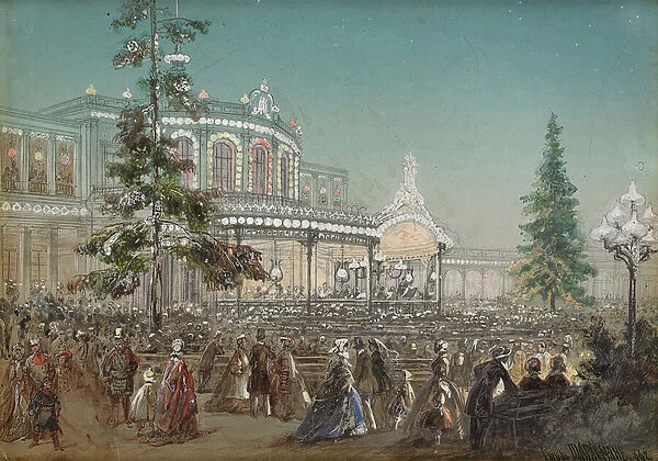 'Celebration of the 25th Anniversary of Tsarskoe Selo Railroad at the Pavlovsk Railway Station Concert Hall'by Adolf Charlemagne (1826-1901), Gouache on cardboard, 1862, Private Collection