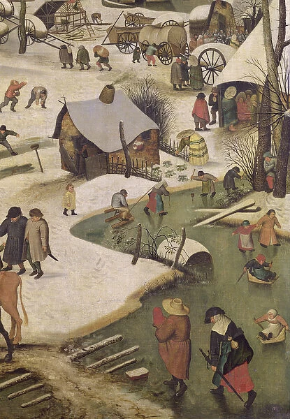 The Census at Bethlehem, detail of children playing on the frozen river (oil on canvas)