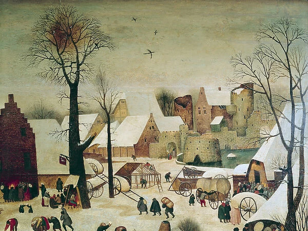 The Census at Bethlehem, detail of the houses and fortifications (oil on panel)