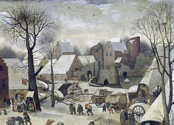 The Census at Bethlehem, detail of the houses and fortifications (oil on canvas)