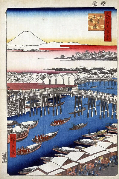 'Cent vues celebres d Edo'(actuelle Tokyo): pont de Nihonbashi ou Nihombashi, eclaircie apres la neige. Vue de la ville de Tokyo au Japon avec a l arriere plan le Mont Fuji