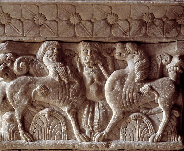 A centaur and a lion, carved capital in the tribune of the Priory