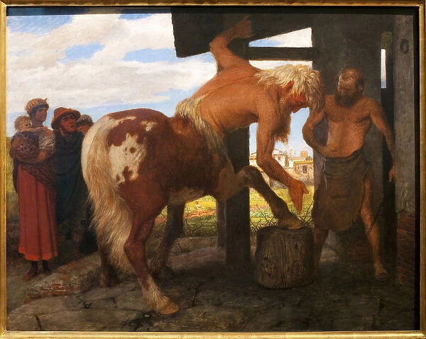 Centaur at the village blacksmith. Painting by Arnold Bocklin (1829-1901), Oil On Canvas