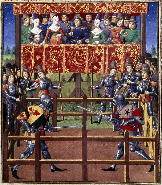 Ceremonies and ordinances as a pledge of battle: duel in closed field between two knights Miniature from a manuscript by Jean de Rolin (15th century) 1460 Paris, B. N