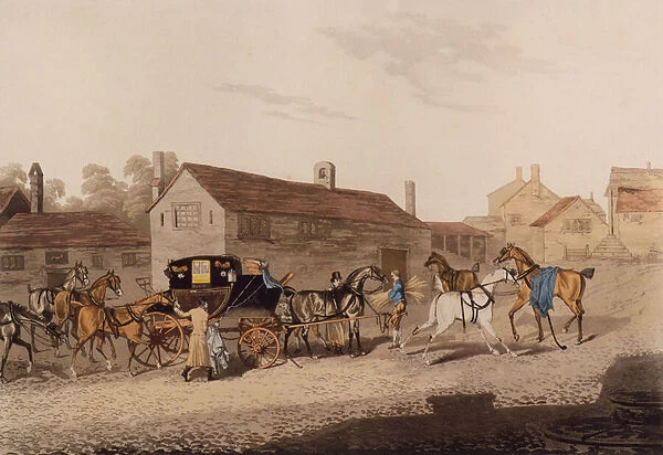 Changing Horses to the Mail Coach (coloured engraving)