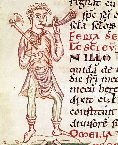 Character with axe and horn. Miniature in Lectionaire de la cathedrale de Reims