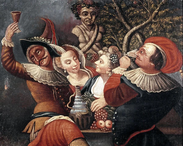 Characters of the Commedia dell arte getting drunk under the bust of Bacchus
