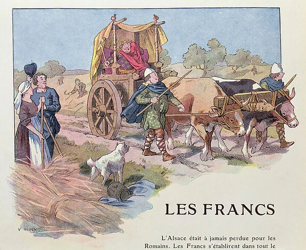The chariot of one of the Rois Faineants or later Merovingian kings, illustration from L Histoire d Alsace by Hansi, 1915 (colour litho)