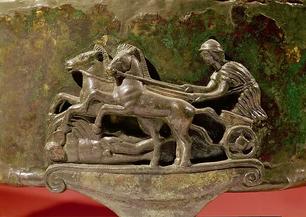 Charioteer in his chariot, detail from a cist, 8th-1st century BC (bronze)