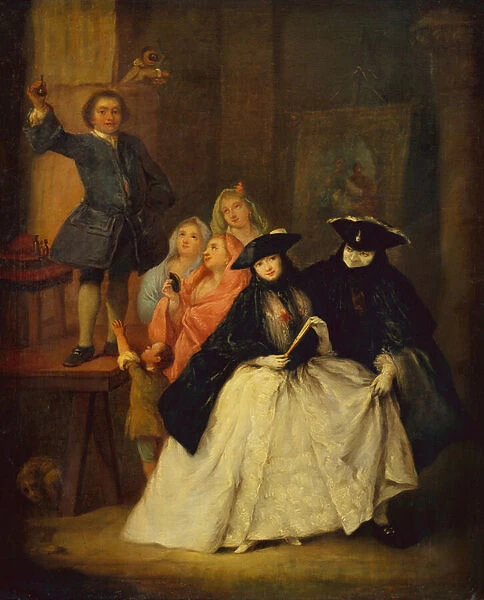 A Charlatan on a platform with Masqued Figures in the foreground (oil on canvas)