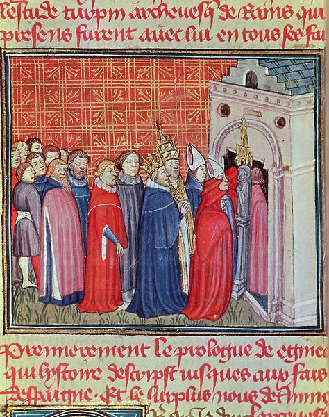 Charlemagne entering a church followed by prelates, miniature from Chronicles of France (vellum)